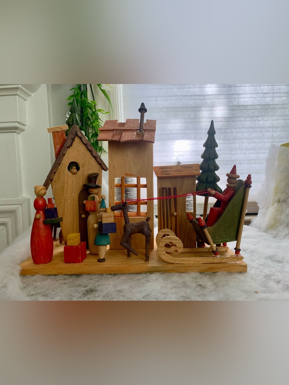 Rare Vintage Polish Wooden Christmas Santa & Sleigh MCM Scene Home Decor